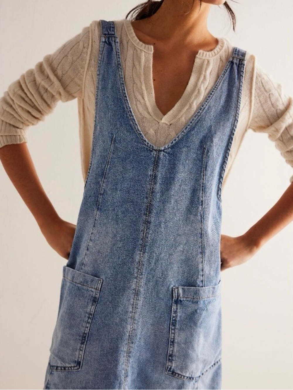 NWT Free People Light Blue Denim V-Neck Mini Pinafore Dress